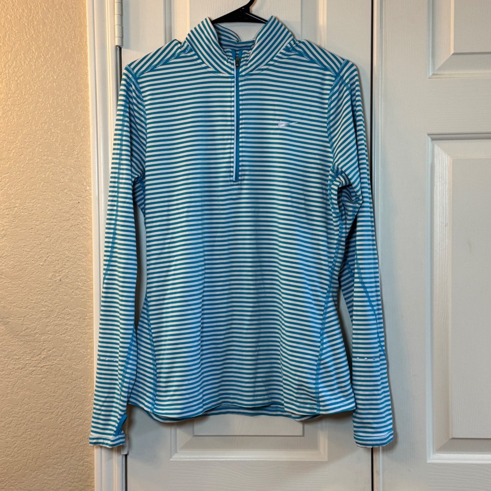 Nike Running Shirt Women's L Dri-FIT Long Sleeve Training Striped Blue & White